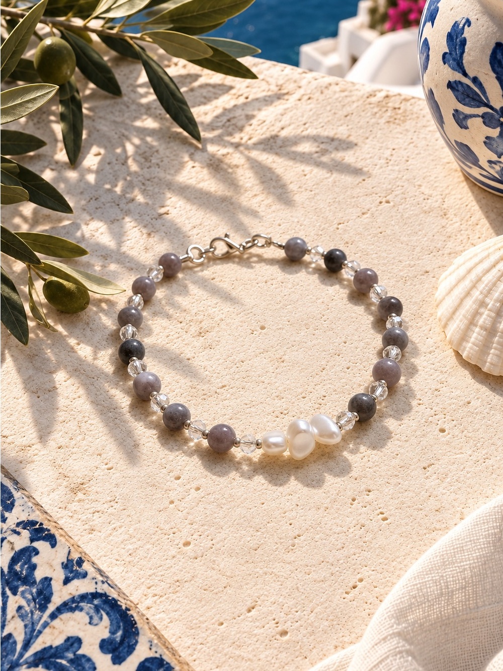 Silver Pearl & Grey Agate Beaded Bracelet